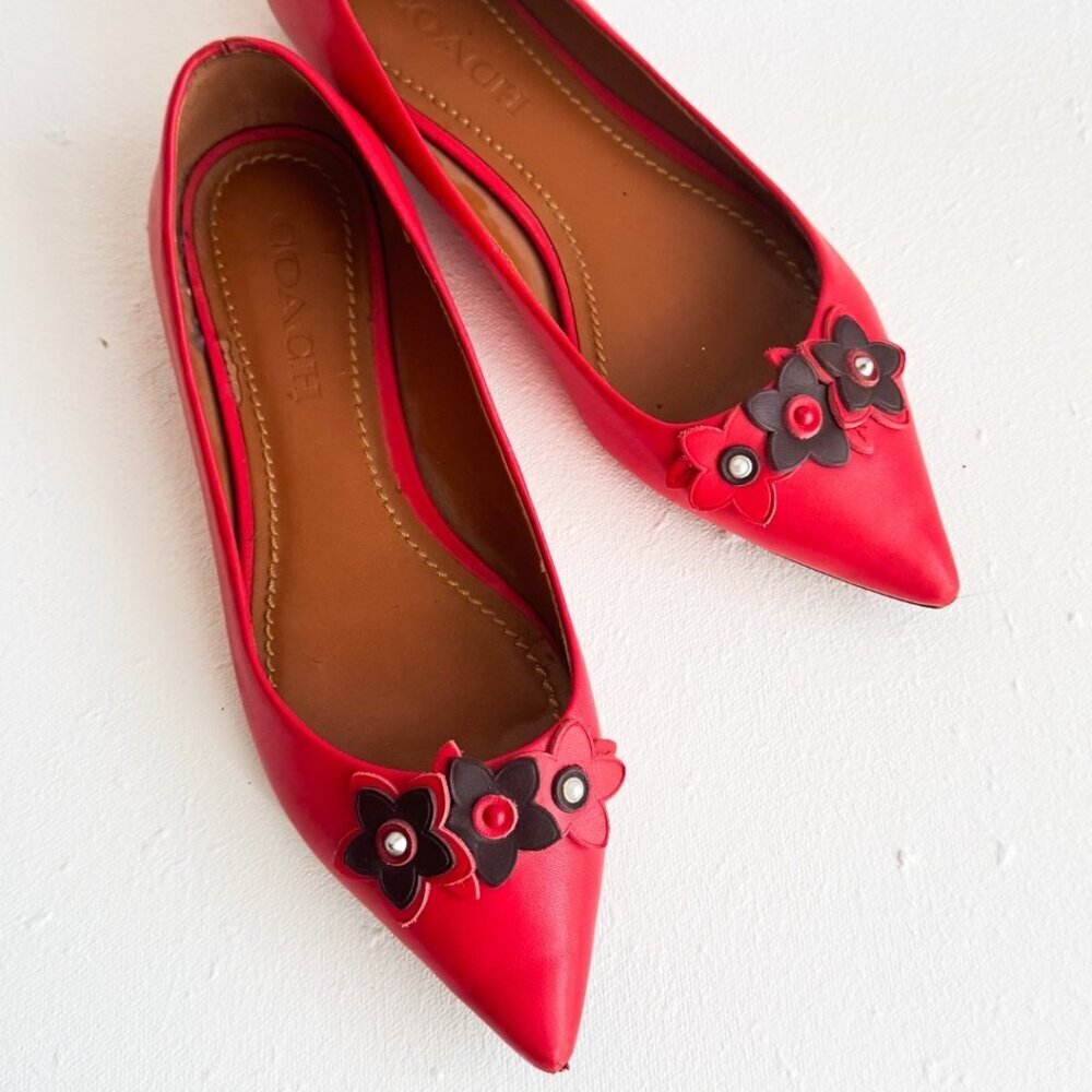 Coach Red Pointed Toe Floral Appliqué Leather Flats